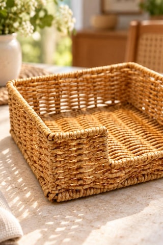 Atbyhome Hasır Rattan Kare Peçetelik 18x18x6.5 Cm - Masa Üstü Kolay Çekme Oyuklu Peçete Sunum Sepeti Kahverengi