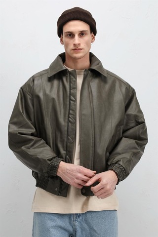 Vamos Oversize Deri Bomber Ceket Haki