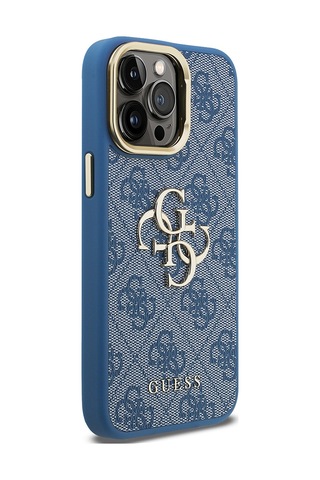 Apple iPhone 13 Pro Max Uyumlu Kılıf Guess Lisanslı Metal 4g Ve Yazı Logolu Kamera Standlı Kapak Mavi