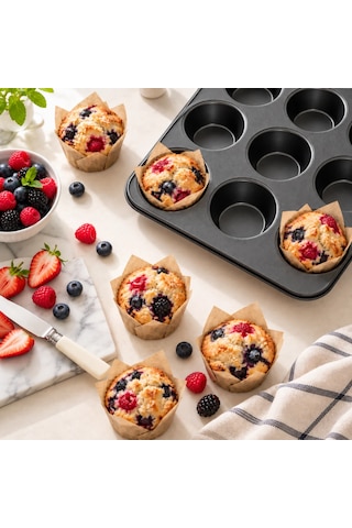 12'li Teflon Muffin Kalıbı Yapışmaz Cupcake Kek Pişirme Tepsisi 12 Gözlü Fırın Kalıbı Sariva Home 12v