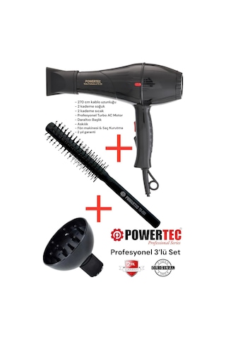 Powertec TR-701 Profesyonel Fön Makinesi + Vigo Difüzör Başlık + Profesyonel Fön Fırçası
