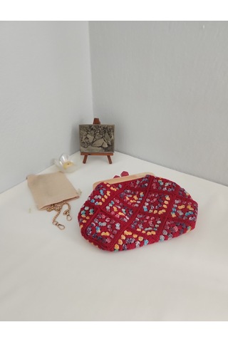 Fikriharika Design Retro, Motifli, Ahşap Burslu, Kadın El Çantası Bordo