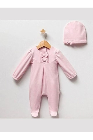 Kız Bebek Şapkalı Fiyonklu Tulum-15128 Pudra