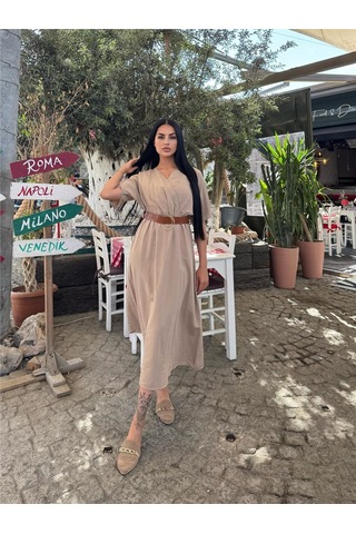 WeShaya Bej Kruvaze Midi Düz Kemerli Elbise Bej