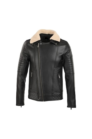 Oliggopol Erkek Siyah Kuzey Yaka Kürklü Slim Fit Deri Ceket Mont Siyah