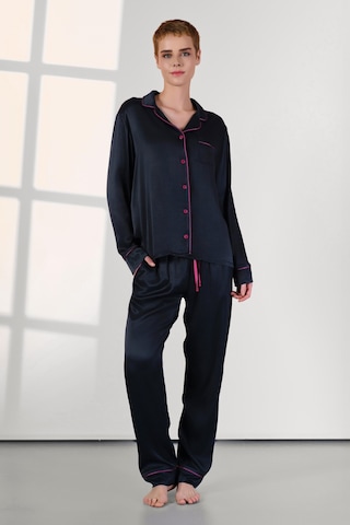 Kadın Uzun Kol Önden Düğmeli Saten Lacivert Pijama Takım C7t3n0o4 001