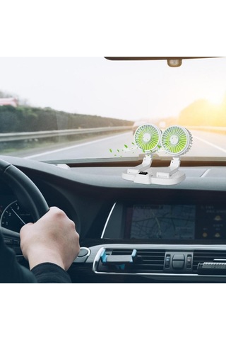 9626 360 Derece Dönüş Çift Kafa Araba Soğutma Fanı Şarj Edilebilir İki Hızlı Masa Fanı - Beyaz