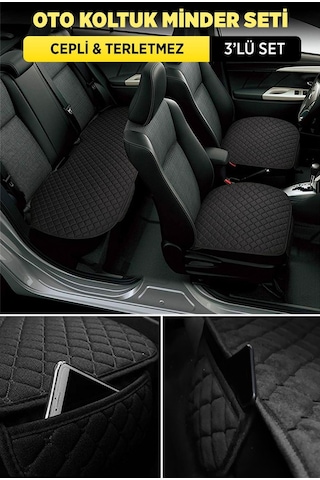 Tay Tüyü Cepli & Terletmez Oto Koltuk Minder Seti - Koltuk Koruma Kılıfı 3'lü Set Siyah-siyah