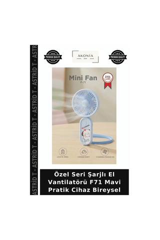Özel Seri Şarjlı El Vantilatörü F71 Mavi Pratik Cihaz Bireysel