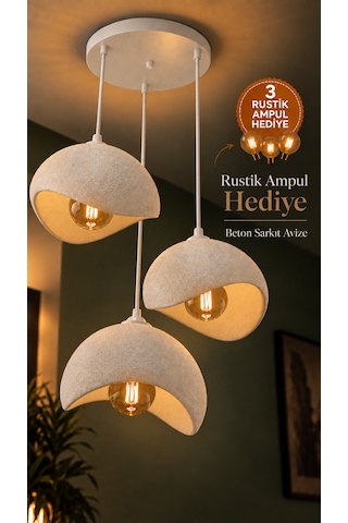 Beton Görünümlü 3'lü Sarkıt Avize Bohem Modern Salon Yemek Masası 3 Rustik Led Ampul Hediyeli Beyaz