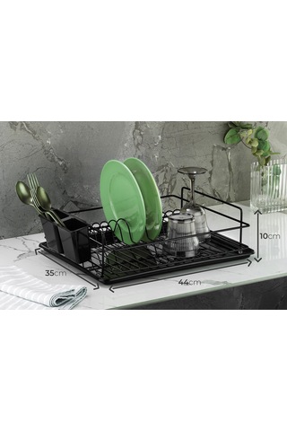 Siyah Tek Katlı Bulaşıklık – Bulaşık Sepeti, Tabaklık ve Kaşıklık, Dayanıklı Metal 45x34x10 cm - (TB-01 E)