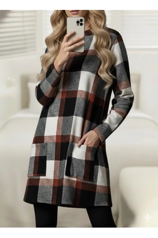 Valensdesign Kadın Uzun Kollu Yarı Balıkçı Yakalı Cep Detaylı Ekoseli Dokuma Tunik Desenli