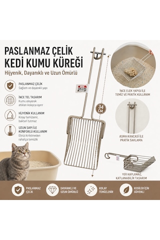 Paslanmaz Çelik Kedi Kumu Küreği - Dayanıklı Metal Kum Eleme Küreği, Hijyenik Ve Uzun Ömürlü 34 Cm