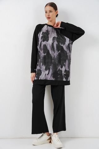 Bigdart Kadın Desenli Oversize Tunik Pantolon İkili Takım 55462 - Siyah