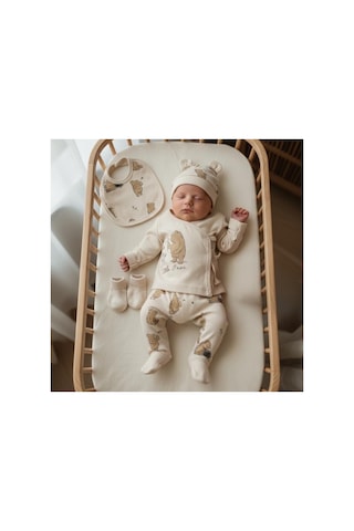 Minicayzen Little Bear Baskılı 5'li Bebek Hastane Çıkışı Yenidoğan Zıbın Seti Sütlü Kahve Sütlü Kahve