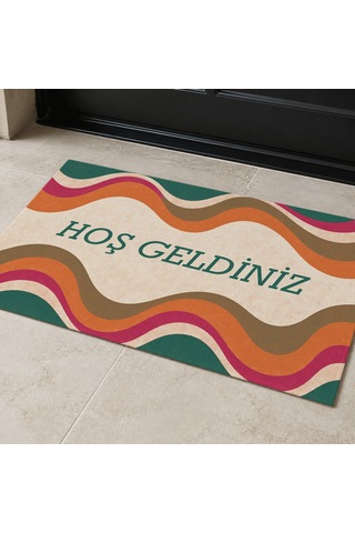 Kartela Halı Hoş Geldiniz Yazılı Retro Dalga Kapı Paspası Retro Canlı Kaymaz Kauçuk Taban 60x90 Cm