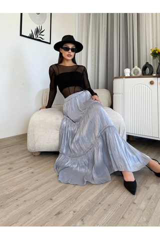 Büzgü Detaylı Beli Lastikli Etek 6005-gri Gri