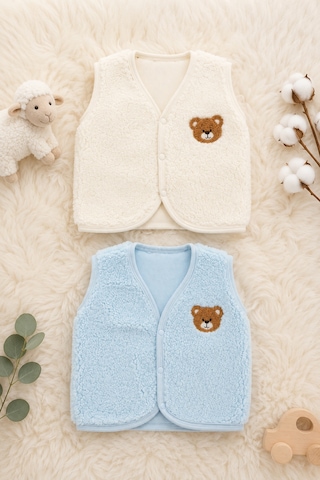 Beniizle Ayıcık Nakışlı Çıtçıtlı Welsoft Unisex 2'li Bebek Yelek Beyaz