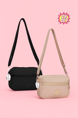 Westbag Kadın Çapraz Askılı Üç Gözlü Fermuarlı Krinkıl Günlük Omuz Çantası 2'li Set Bej - Siyah