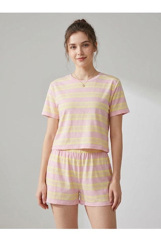 Pembe Sarı Çizgili T-shirt Şort Örme Pijama Takımı Pembe