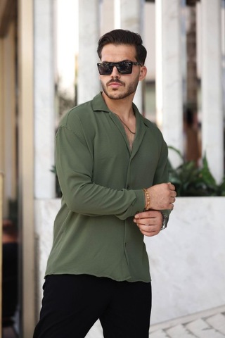 Tex Republic Erkek Yeşil Rahat Kesim Dokulu Oversize Salaş Aerobin Gömlek Yeşil