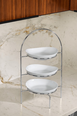 Parlak Silver 3 Katlı Pasta Kurabiye İkramlık Sunum Standı Dekoratif Servislik Gümüş