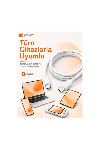 60w Destekli iPhone Samsung Xiaomi Oppo Uyumlu Hızlı Şarj - Şarj Kablosu - Type C To Type C - Hasır Örgü - 1 Mt
