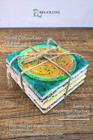 Doğal Taş Bardak Altlığı 4'lü Set 10x10cm - Yaprak Desenler Baskılı Stone Coasters Çok Renkli
