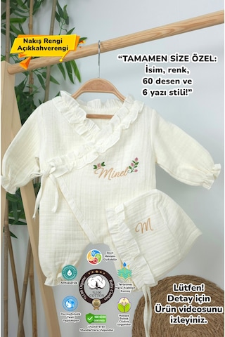 Gros Shop Müslin Yeni Doğan 4katlı Organik %100pamuk Kişiye Özgü Nakışlı Hastane Çıkış Seti Güllü Model-4 Ekru-3