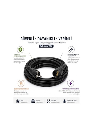 3x2.5mm Ttr Topraklı Siyah Kauçuk Seyyar Uzatma Kablosu 5 Metre 0.1 M
