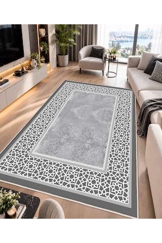 Gri Krem Dijital Baskı Halı Kaymaz Tabanlı Yıkanabilir Halı Yolluk Salon Halısı2159