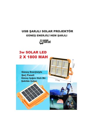 Şarjlı Hem Güneş Enerjli Solar Projektör 4000 Lümel 5 Işık Modlu Lamba Fener Solar Panel Portatif