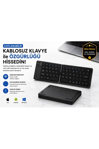 Katlanabilir Bluetooth Kablosuz Klavye 3 Cihaz Bağlantılı, Apple iOS Android Windows Uyumlu, Ultra İnce Taşınabilir