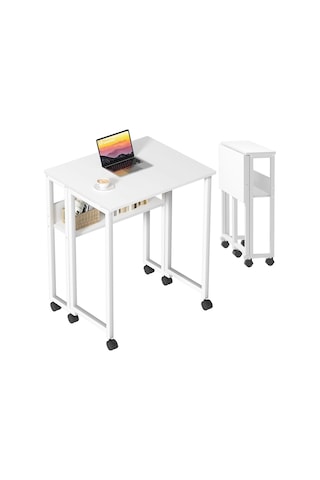 Sidney Kitaplık Raflı Katlanır Masa 70 Cm Tekerli Bilgisayar Masası Laptop Masası Beyaz Beyaz - Beyaz