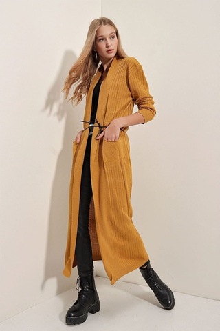 Onno Style Women Standart Beden Uzun Triko Fitilli Kadın Ceket Turuncu