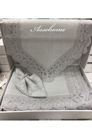 Linen Gri Simli Jute Masa Örtüsü Takımı