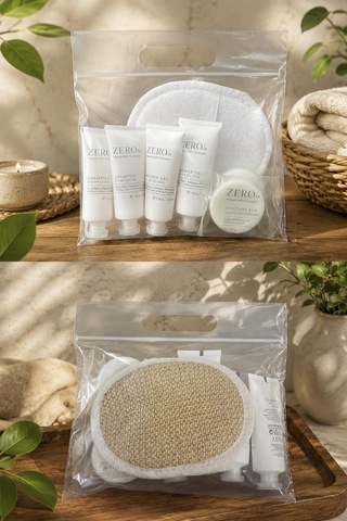 Zero/o Seyahat Bakım Seti Şeffaf Kilitli Poşetli 7 Parça Şampuan + Duş Jeli 40ml + Yüz Sabunu 28gr + Oval Kabak Lif