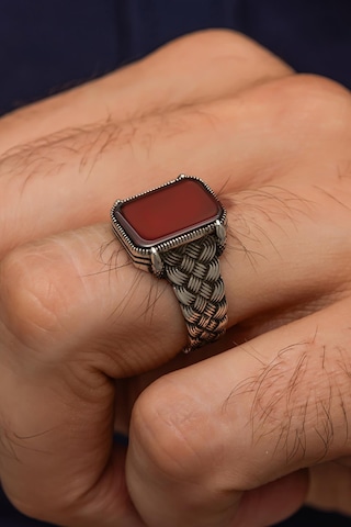 Kare Akik Taşlı Kazaz Örgü Motif 925 Gümüş Erkek Yüzük Beyaz