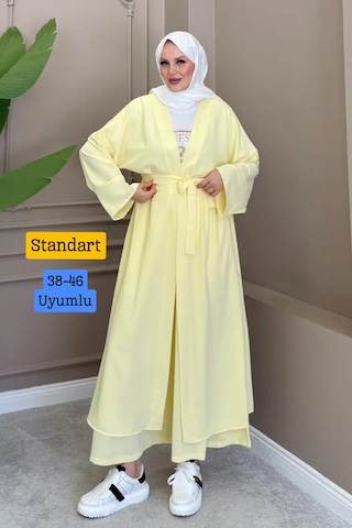 Balenbi Kadın Kuşaklı Kimono Hırka Bol Paça Pantolon Takım Tesettür 2'li Kombin 1230 Sarı