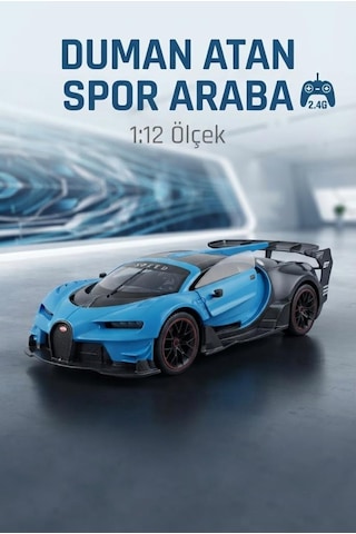 1:12 Ölçek 8 Fonksiyonlu Bugetti Chiron Tasarımlı Duman Efektli Uzaktan Kumandalı Yarış Arabası Mavi