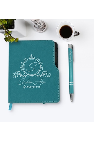 Kişiye Özel Isimli Turkuaz Termo Deri Defter Kalem Seti-11