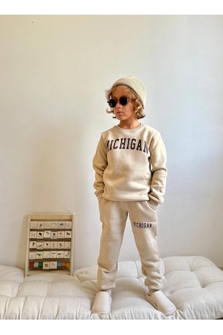 Jolly Kids Erkek Çocuk Michigan Yazı Baskılı Sweatshirt Takım Krem