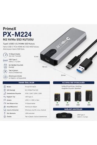 Primex Px-m224 M2 Nvme Ssd Kutusu, Typec-usb3.1/3.2 Nvme Ssd Kutusu, Harici Usb-c Pcıe Nvme M.2 Ssd Hdd Kutusu, Alüminyum Harici Ssd Kutu