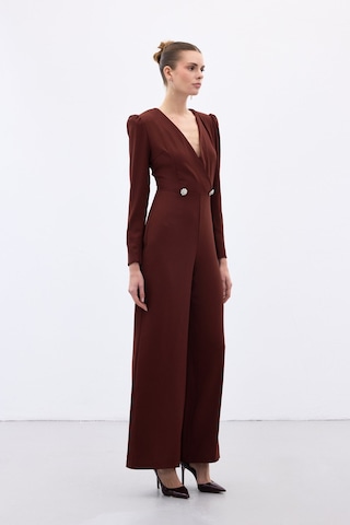 Sateen Kruvaze Süs Taşlı Krep Tulum - Bordo-136568 Bordo