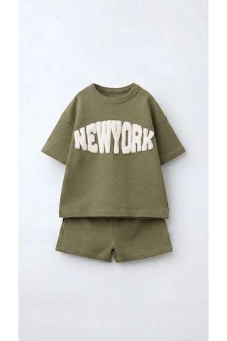 Magu Erkek Çocuk Pamuklu Yeşil New York Yazı Aplikeli T-shirt Şort Takım