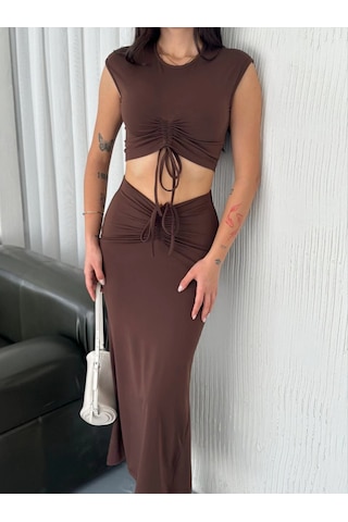 Moda Osy Modal Yumuşak Dokulu Kumaş Büzgülü Crop Etek Takım -kahverengi Çok Renkli