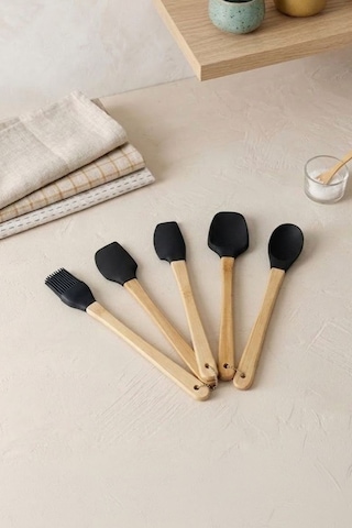 5'li Silikon Ve Bambu Saplı Mutfak Gereçleri Seti-spatula,fırça Servis Maşa Seti siyah