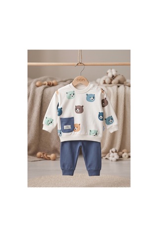 Deniva Kids Erkek Bebek Ayıcık Desenli Cepli Sweatshirt Ve Eşofman Altı 2'li Pamuklu Takım Beyaz