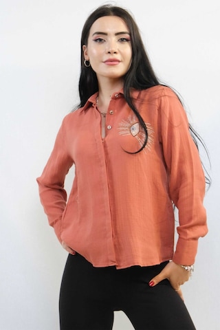 Sevgi Butik Moda Çizgi Taşlı Keten Gömlek Mc2301 Mercan 001