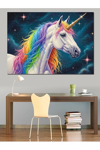Uzayda Renkli Tekboynuzlu Unicorn At Dekoratif Kanvas - Mdf Ahşap Tablo